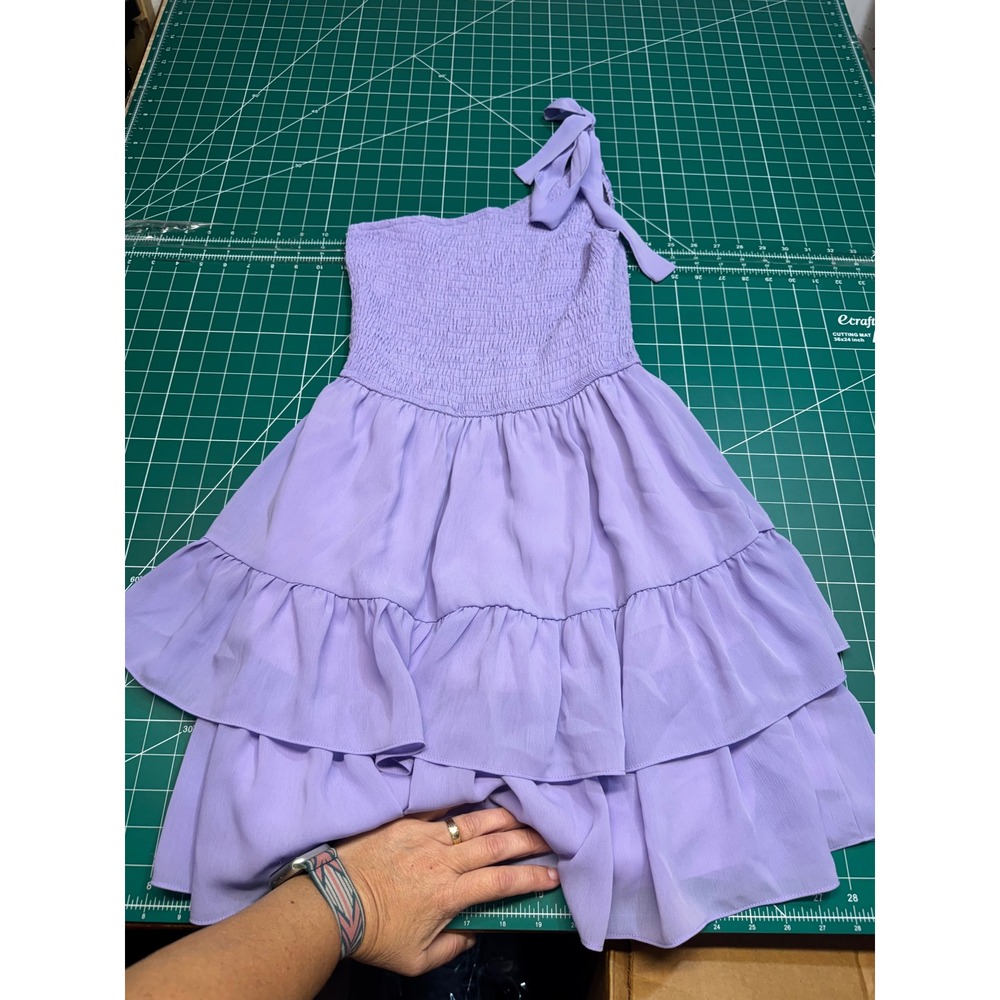 Lavender One Shoulder Smocked Tiered Ruffle Mini Dress Purple Size S
